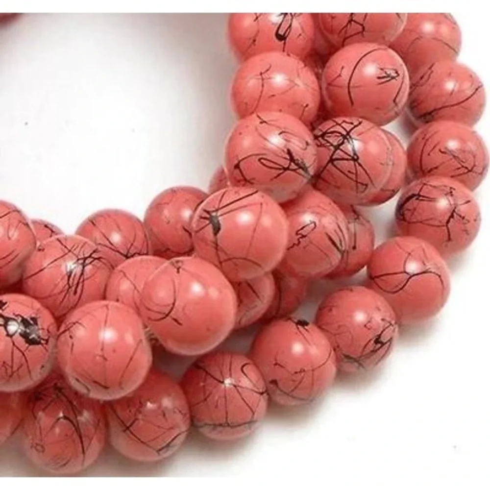 50pcs Pink with Black Glass Beads 8mm